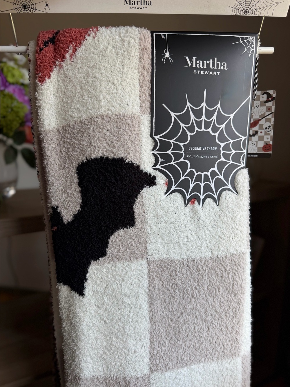 Martha Stewart Halloween tan checker ghost Bat Spiderweb cat witch Throw Blanket